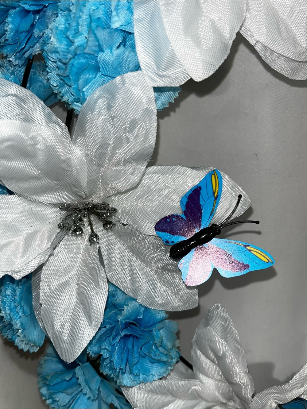 Blue & White Holiday Wreath with Butterfly Accents Hand Crafted - Picture 13 of 16